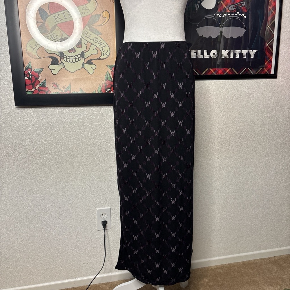 Amanda Smith Black Argyle Maxi Skirt Y2K Slit Dark Academia Grunge Indie Vintage